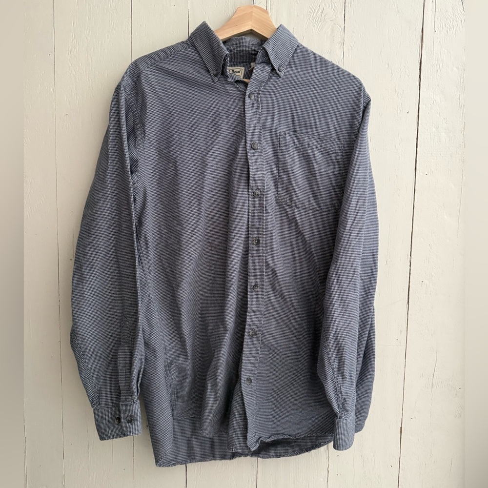 L.L. Bean Men’s Heavy Blue/Gray Houndstooth Button Down Long Sleeve Shirt